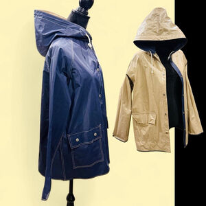 Vintage 70s 80s Aqua Queen Waterproof Blue Beige Reversible RAINCOAT Women L